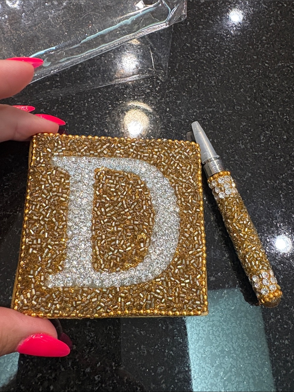 Pier 1 Gold white Beaded Compact notepad pen  'D' Monogram NWT women’s